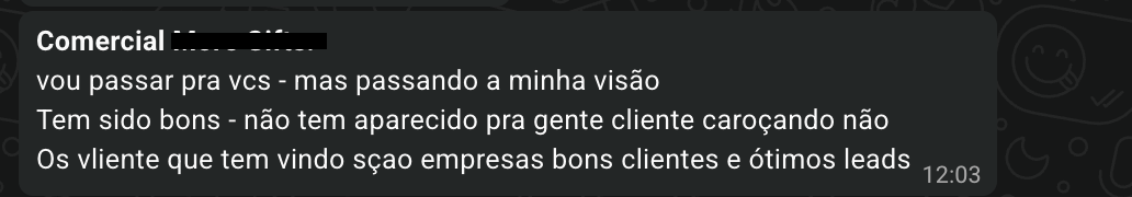 Feedback comercial: clientes que chegam são empresas, bons leads